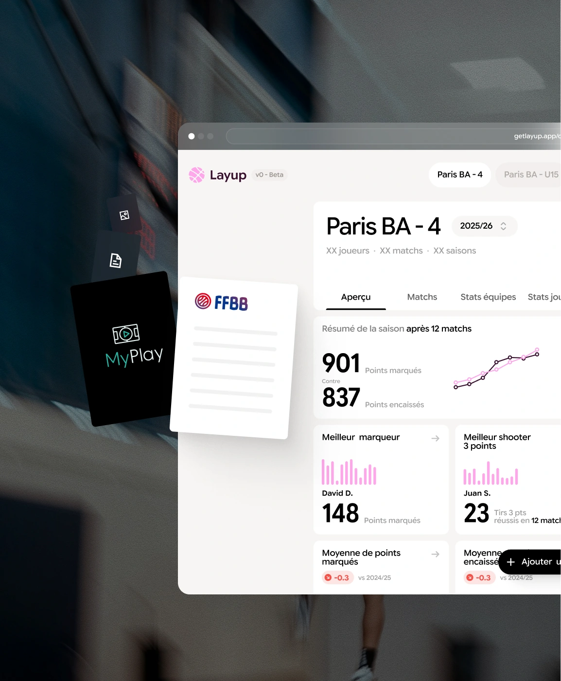 Des feuilles e-Marque, captures MyPlay et photos réunies dans le tableau de bord Layup.